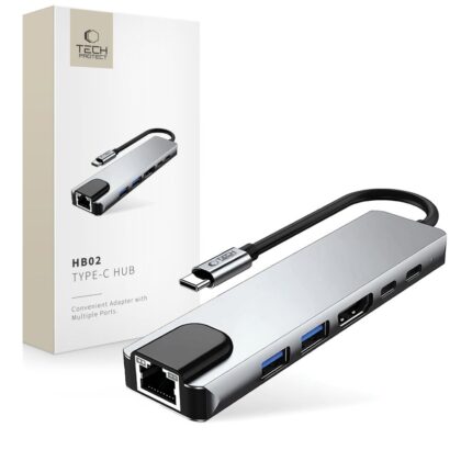 Tech-Protect HB02 Hub 6σε1 Type-C + USB 2.0 + USB 3.0 + HDMI 4K 30Hz + RJ45 + PD 100W Γκρι Χρώμα