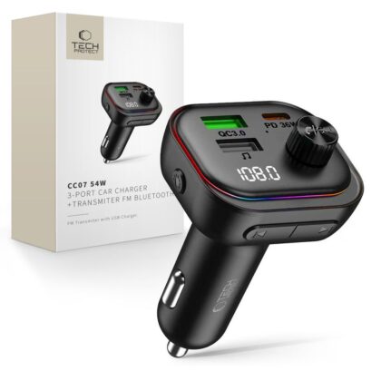 TECH-PROTECT CC07 ΦΟΡΤΙΣΤΗΣ ΑΥΤΟΚΙΝΗΤΟΥ 3 ΘΥΡΩΝ PD 54W + ΠΟΜΠΟΣ FM BLUETOOTH ΜΑΥΡΟΣ