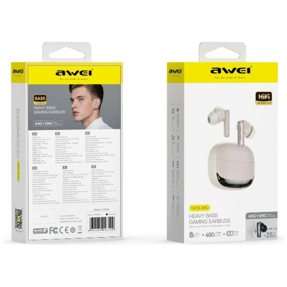 Ασύρματα ακουστικά AWEI TA19 ANC Bluetooth 6.0 TWS + θήκη φόρτισης μπεζ - Image 3