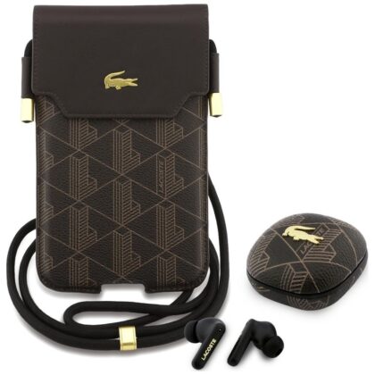 Ασύρματα ακουστικά TWS Lacoste The Blend και τσάντα XL σε καφέ χρώμα