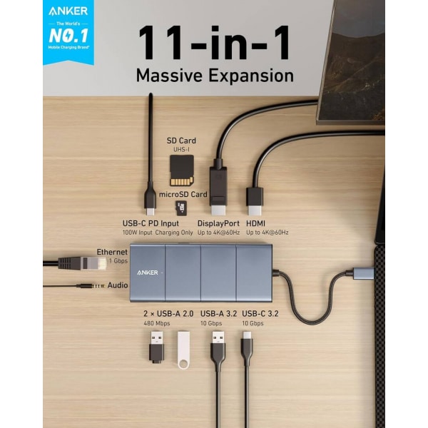 Anker Hub USB-C PowerExpand, 1 x USB-A 3.2 - 2 x USB-A - 2 x USB-C - 1 x Θύρα οθόνης - 1 x HDMI - 1 x Υποδοχή 3.5mm - 1 x RJ45 - 1 x SD - 1 x microSD, Γκρι - Image 5