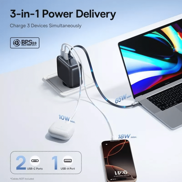 Φορτιστής τοίχου Baseus EnerCore CJ11, 100W, 1 x USB-A - 2 x USB-C, με καλώδιο USB-C, Μαύρο E0120M00 - Image 3