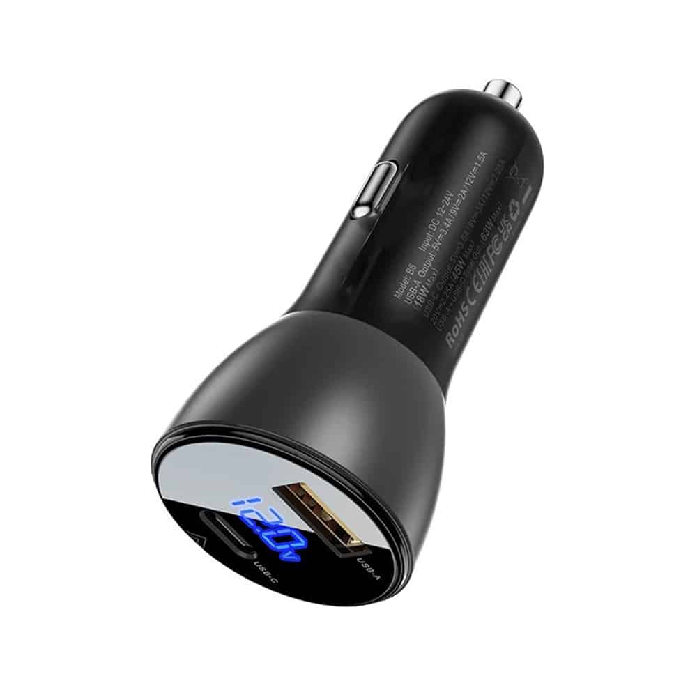 Acefast B6 Φορτιστής Αυτοκινήτου, Ψηφιακή Οθόνη, USB, Type-C, Γρήγορη Φόρτιση 63W, PD3.0, PPS, QC3.0, Κράμα Ψευδαργύρου, Μαύρος - Image 3