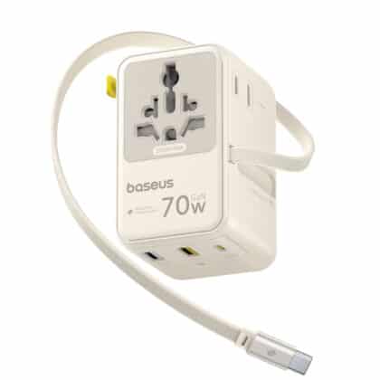 Baseus - Ταξιδιωτικός Προσαρμογέας EnerCore CG11 (E0307E01) - με Αναδιπλούμενο Καλώδιο, 2AC+2U+2C, Γρήγορη Φόρτιση 70W, GaN, Universal - Λευκό