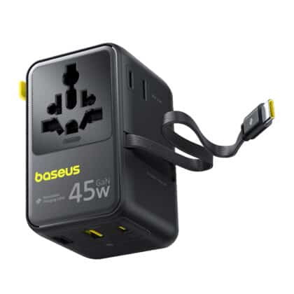 Baseus - Προσαρμογέας ταξιδιού PicoGo AG11 (E0307F00) - με ανασυρόμενο καλώδιο Type-C, 2x AC, 2x USB, USB-C, 45W, Παγκόσμιος - Μαύρος