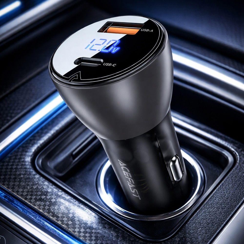 Acefast B6 Φορτιστής Αυτοκινήτου, Ψηφιακή Οθόνη, USB, Type-C, Γρήγορη Φόρτιση 63W, PD3.0, PPS, QC3.0, Κράμα Ψευδαργύρου, Μαύρος - Image 4