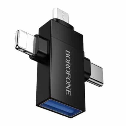 Borofone BV26D Προσαρμογέας 3 σε 1, USB 2.0 (F) σε Lightning / Type-C / Micro-USB (M), Φόρτιση & Μεταφορά Δεδομένων, 1.5A - Μαύρο