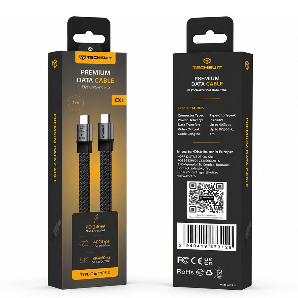 Techsuit ElysiumSync Pro (CX1) Καλώδιο Δεδομένων Type-C σε Type-C, PD240W, USB4.0 Gen 4, 40Gbps, 8K@60Hz, 1m, Γκρι - Image 7