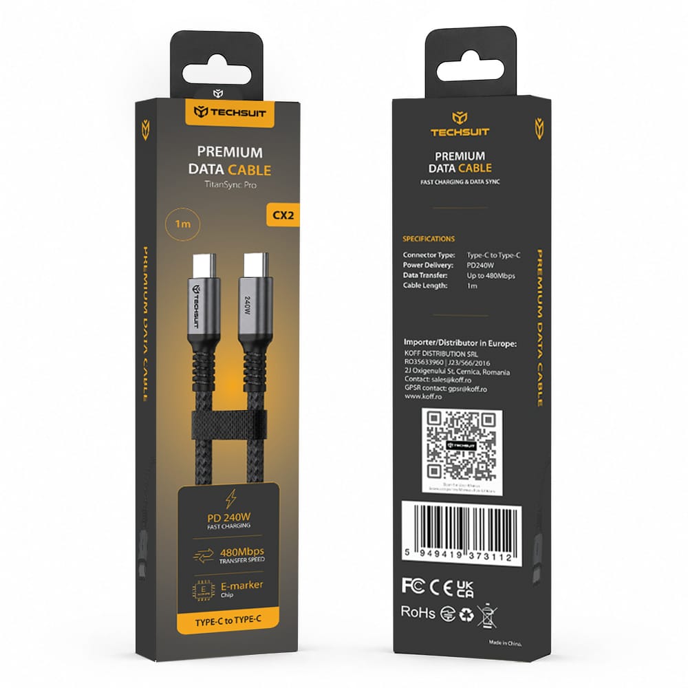 Techsuit TitanSync Pro Καλώδιο Δεδομένων Type-C σε Type-C, PD 240W, 480Mbps, Γρήγορη Φόρτιση, 1m, Γκρι - Image 7