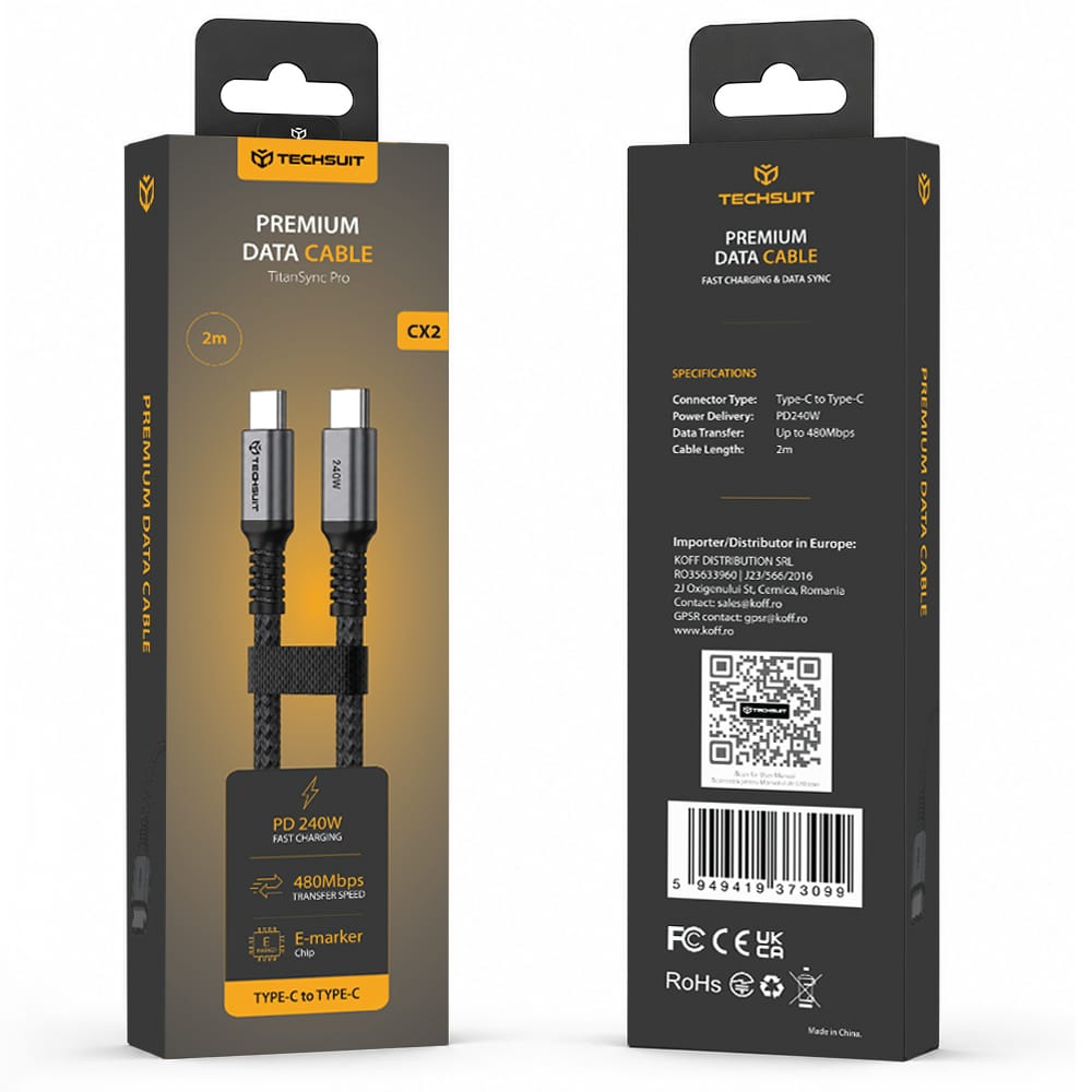 Techsuit TitanSync Pro Καλώδιο Δεδομένων Type-C σε Type-C, PD 240W, 480Mbps, Γρήγορη Φόρτιση, 2m, Γκρι - Image 7