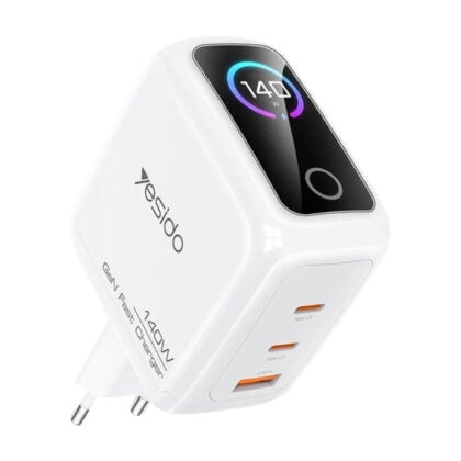 Yesido YC114 Φορτιστής Τοίχου, 140W, Με Οθόνη TFT, 2x Type-C, USB, GaN, Γρήγορη Φόρτιση, Λευκό