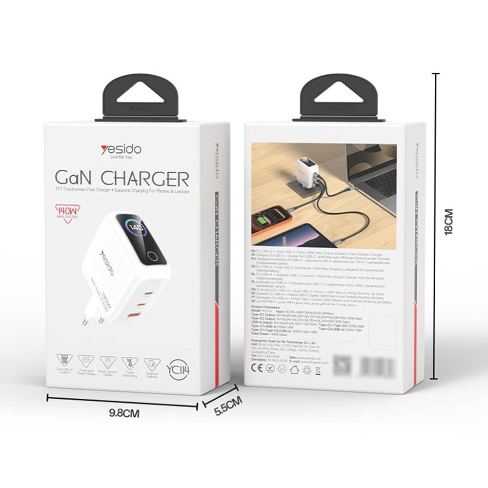 Yesido YC114 Φορτιστής Τοίχου, 140W, Με Οθόνη TFT, 2x Type-C, USB, GaN, Γρήγορη Φόρτιση, Λευκό - Image 7