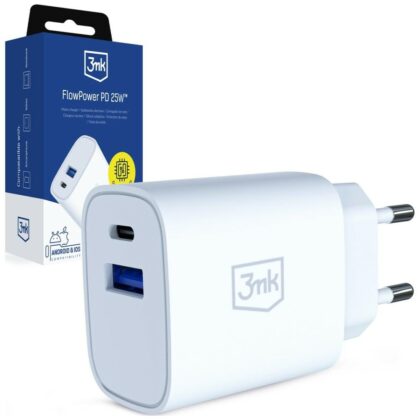 Φορτιστής τοίχου 3MK FlowPower USB-A + USB-C 25W PD QC4+ Λευκό