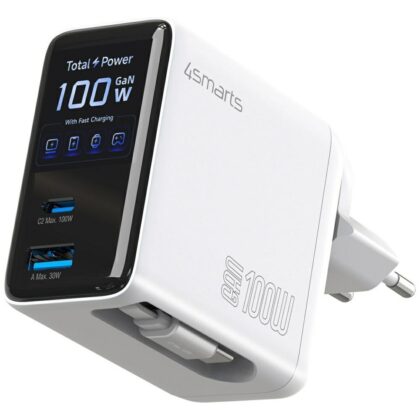 Φορτιστής τοίχου 4smarts GaN Flex Screen AI 100W 2xUSB-C + USB-A, λευκό