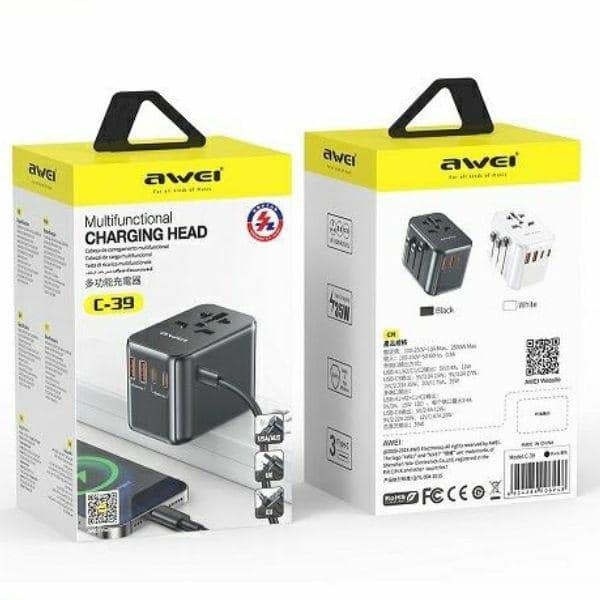Προσαρμογέας δικτύου AWEI 2xUSB+3xUSB-C C-39 35W4in1 ΗΠΑ/Αυστραλία/ΕΕ/ΗΒ μαύρος φορτιστής Universal Travel GaN - Image 4