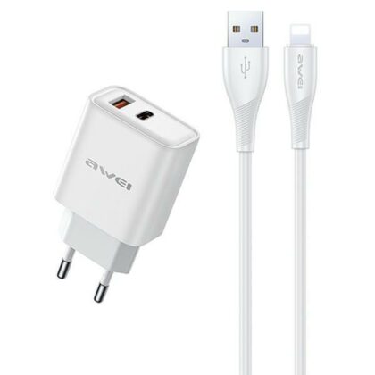 AWEI PD81L-EU Φορτιστής ρεύματος 22,5W + καλώδιο USB + Lightning λευκό GaN