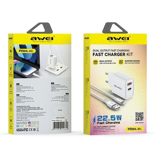 AWEI PD81L-EU Φορτιστής ρεύματος 22,5W + καλώδιο USB + Lightning λευκό GaN - Image 2