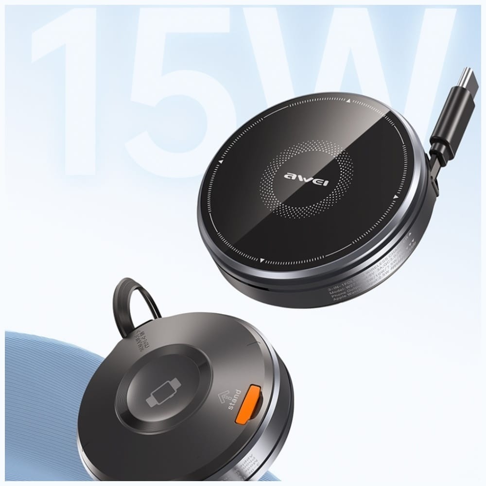 Επαγωγικός Φορτιστής 3 σε 1 AWEI W27 15W με καλώδιο USB-C Γρήγορη Φόρτιση μαύρο - Image 3