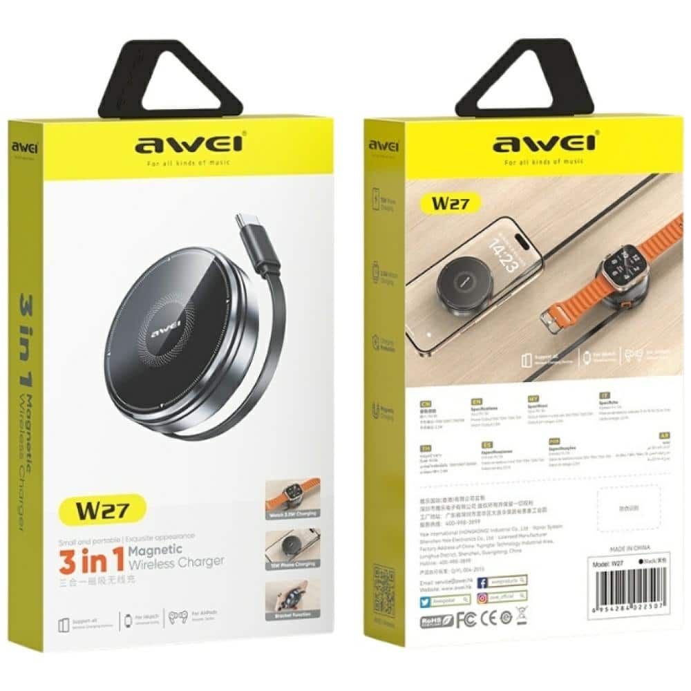 Επαγωγικός Φορτιστής 3 σε 1 AWEI W27 15W με καλώδιο USB-C Γρήγορη Φόρτιση μαύρο - Image 6