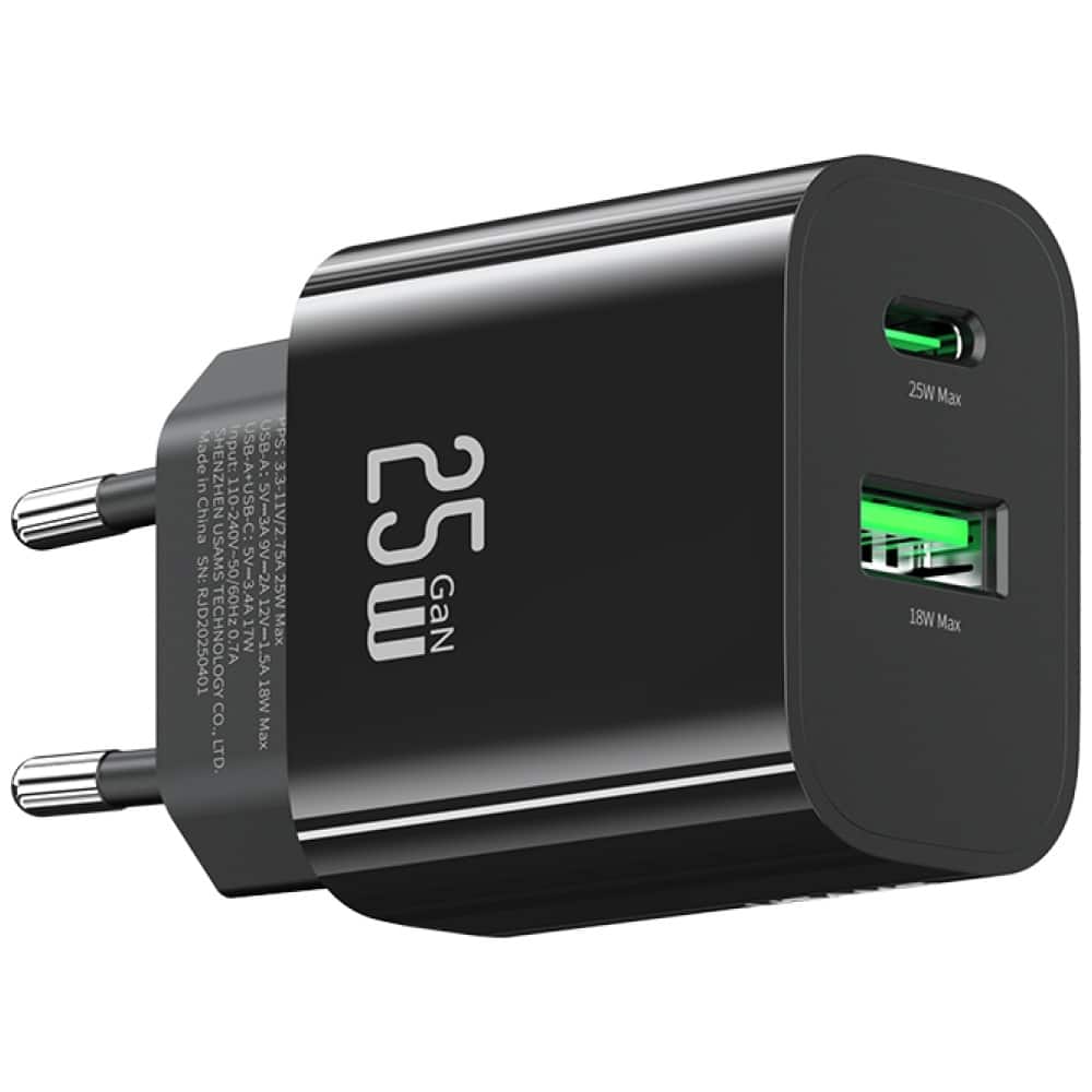 Φορτιστής τοίχου USAMS CC315 T65 25W 1xUSB-C 1xUSB-A Γρήγορη φόρτιση μαύρο - Image 3