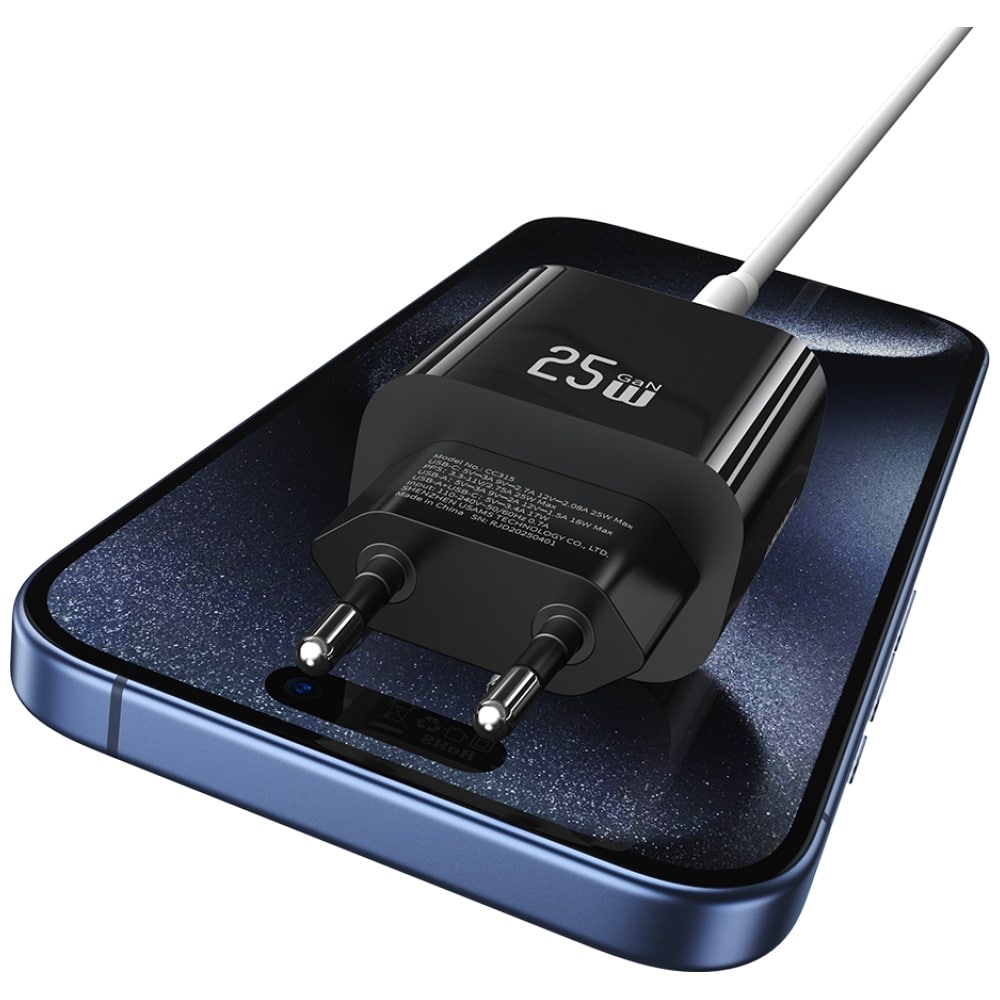 Φορτιστής τοίχου USAMS CC315 T65 25W 1xUSB-C 1xUSB-A Γρήγορη φόρτιση μαύρο - Image 5