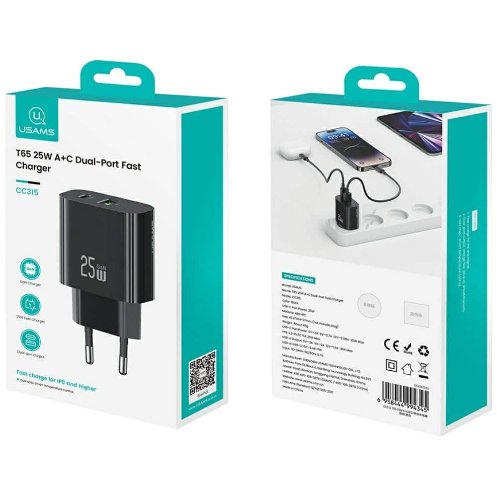 Φορτιστής τοίχου USAMS CC315 T65 25W 1xUSB-C 1xUSB-A Γρήγορη φόρτιση μαύρο - Image 9