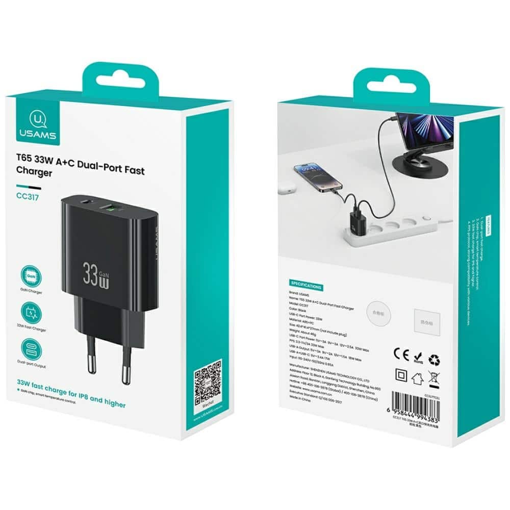 Φορτιστής τοίχου USAMS CC317 T65 33W 1xUSB-C 1xUSB-A Γρήγορη φόρτιση μαύρο - Image 9