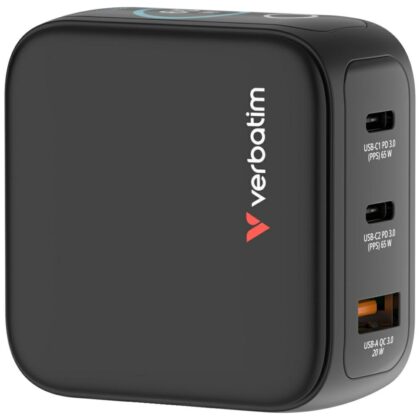 Φορτιστής Verbatim Mini GaN 65W 2xUSB-C PD/1x USB-A QC προσαρμογέας EU/UK/USA μαύρος 30238