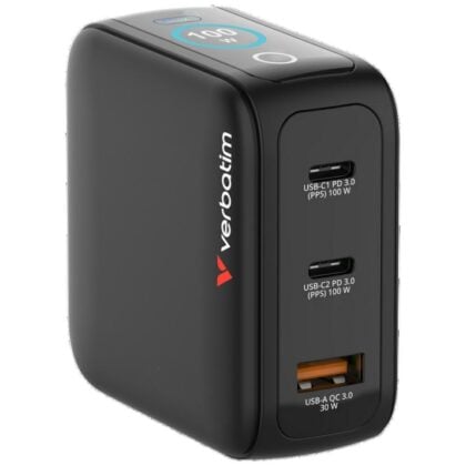 Φορτιστής Verbatim Mini GaN 100W 2xUSB-C PD/1x USB-A QC προσαρμογέας EU/UK/USA μαύρος 30239