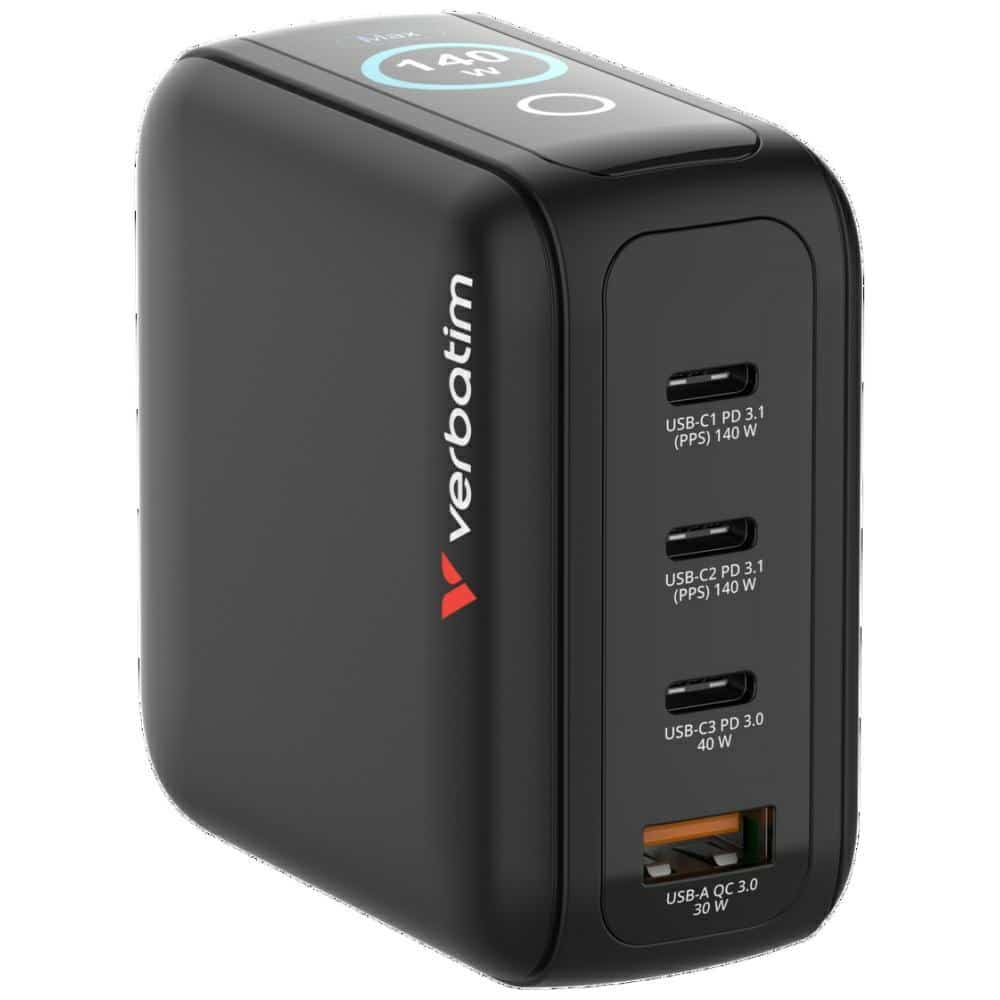 Φορτιστής Verbatim Mini GaN 140W 3xUSB-C PD/1x USB-A QC προσαρμογέας EU/UK/USA μαύρος 30240 - Image 2