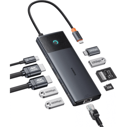 Baseus Dual Display USB-C Hub 10-in-1, 1 x USB-A 3.0, 2 x USB-A, 2 x USB-C, 2 x HDMI, 1 x RJ45, 1 x SD, 1 x microSD, Μαύρο B00061800123-01