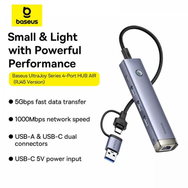 Διανομέας USB / USB-C Baseus UltraJoy, 3 x USB-A 3.0 - 1 x USB-C - 1 x RJ45, Γκρι B0005280B811-14 - Image 4