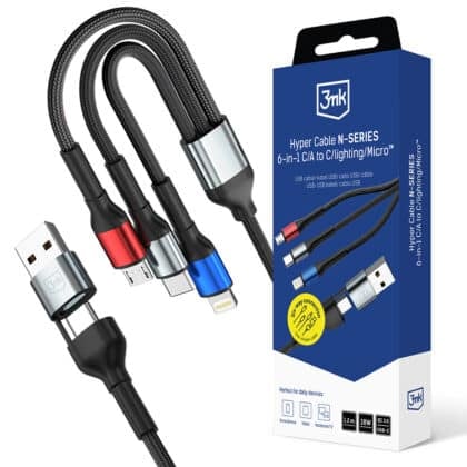 3MK Καλώδιο Δεδομένων Hyper N-Series 6in1, USB-C/USB Αρσενικό, USB-C Θηλυκό σε USB-C, Lightning, Micro, 18W, 9V/2A, 1.2m, Μαύρο