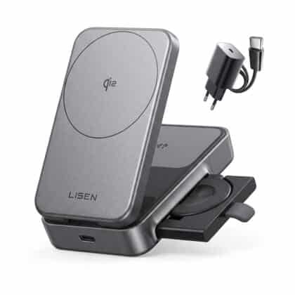 Lisen - Ασύρματος Φορτιστής 3σε1 W106 (YL0424120009) με Φορτιστή Τοίχου PD20W, Καλώδιο, Γρήγορη Φόρτιση, Qi2, Αναδιπλούμενος, 15W, 1m - Γκρι