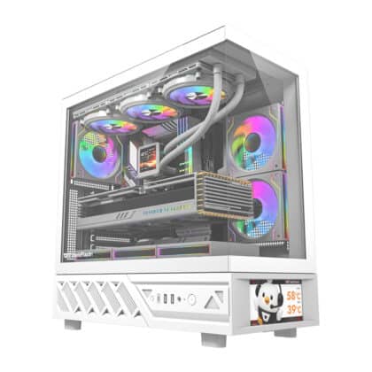 Λευκή θήκη υπολογιστή DarkFlash DS950V με οθόνη IPS και διαφανή πλαϊνά πάνελ από σκληρυμένο γυαλί