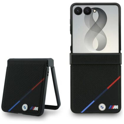 BMW M Leather Perforated Tricolor Stripe Metal Logos - θήκη για Samsung Galaxy Z Flip8 - Μαύρο