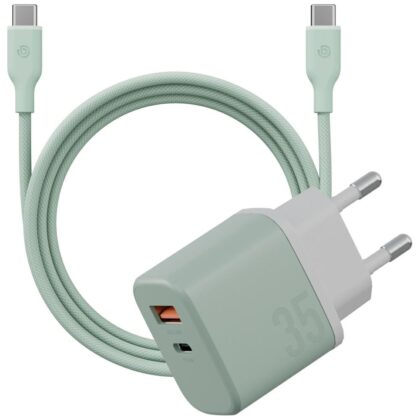 Energea Bazic GoPort Velox Kit Φορτιστής Τοίχου USB-C/USB-A GaN 35W με Καλώδιο, Πράσινος