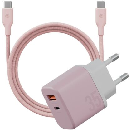 Energea Bazic GoPort Velox Kit Φορτιστής Τοίχου USB-C/USB-A GaN 35W με Καλώδιο, Ροζ