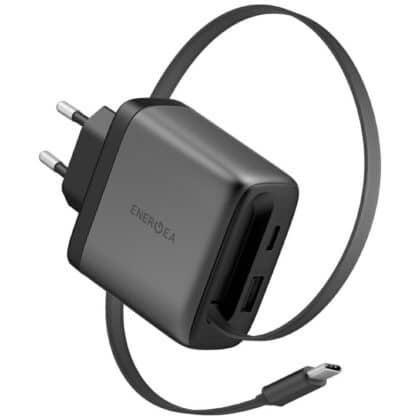 Energea Ampcharge Arc 65 Φορτιστής Τοίχου USB-A/USB-C, Ανασυρόμενο Καλώδιο USB-C PD/PPS/QC3.0, Gunmetal