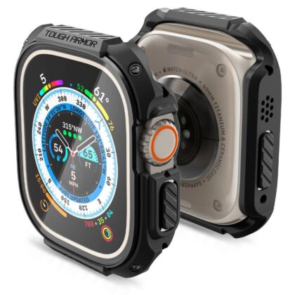 Μαύρη θήκη Spigen Tough Armor για Apple Watch Ultra 4 (49 mm) με ενσωματωμένο προστατευτικό γυαλί οθόνης
