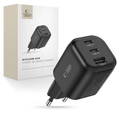 TECH-PROTECT NCA100W-GaN Φορτιστής Δικτύου 3 Θυρών, PD 3.2 100W / QC3.0, Μαύρος
