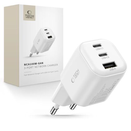 TECH-PROTECT NCA100W-GaN Φορτιστής Δικτύου 3 Θυρών, PD 3.2 100W / QC3.0, Λευκός