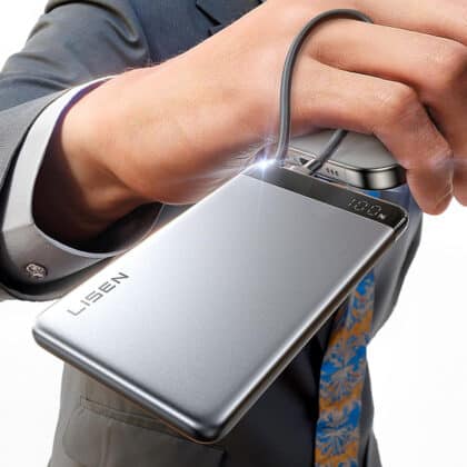 Lisen Power Bank 10000mAh, Ενσωματωμένο Καλώδιο Type-C, PD 22.5W, Υπερλεπτό Αλουμίνιο, Γκρι