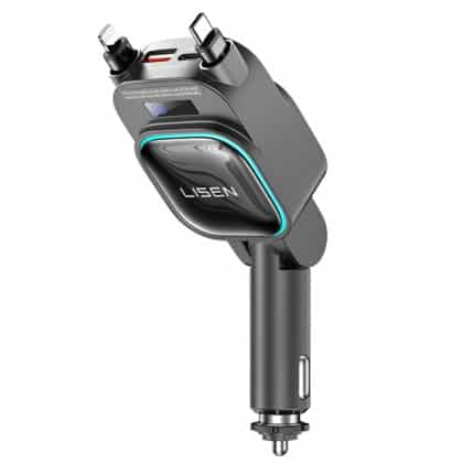 Lisen Φορτιστής Αυτοκινήτου (YL0224080017) 4σε1, USB, Type-C, 2x Αναδιπλούμενο Καλώδιο, LED Οθόνη, 96W, 12V-24V, Μαύρος