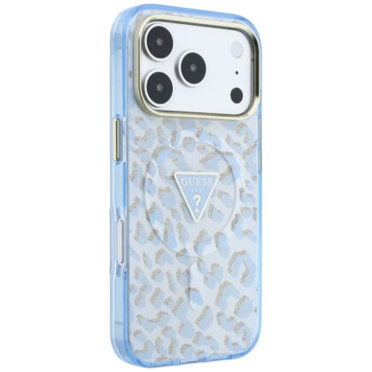 Μπλε θήκη Guess IML Leopard Glitter MagSafe με λεοπάρ σχέδιο και λογότυπο Guess για iPhone 17 Pro και 18 Pro