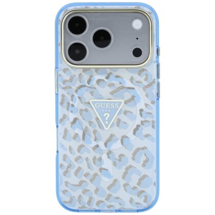 Μπλε θήκη Guess IML Leopard Glitter MagSafe με λεοπάρ σχέδιο και λογότυπο Guess για iPhone 17 Pro και 18 Pro