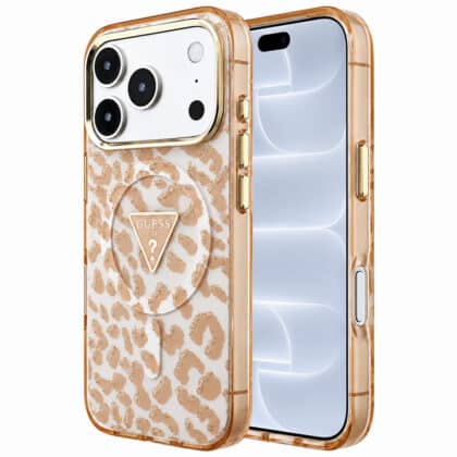 Guess Leopard Glitter Triangle Logo - θήκη για Apple iPhone 18 Pro / 17 Pro - Καφέ