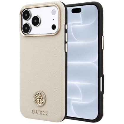 Guess Grained Leather Round Strass Logo MagSafe - θήκη για Apple iPhone 18 Pro / 17 Pro - Μπεζ