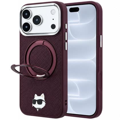 Karl Lagerfeld Leather Ring Stand 360 Choupette Head Pin MagSafe - θήκη για Apple iPhone 18 Pro / 17 Pro - Κόκκινο