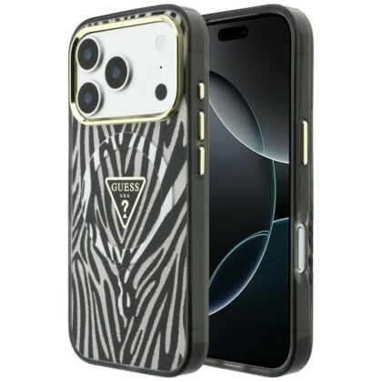 Θήκη Guess IML Zebra Glitter Triangle Logo MagSafe για iPhone 18 Pro Max / 17 Pro Max ασημί